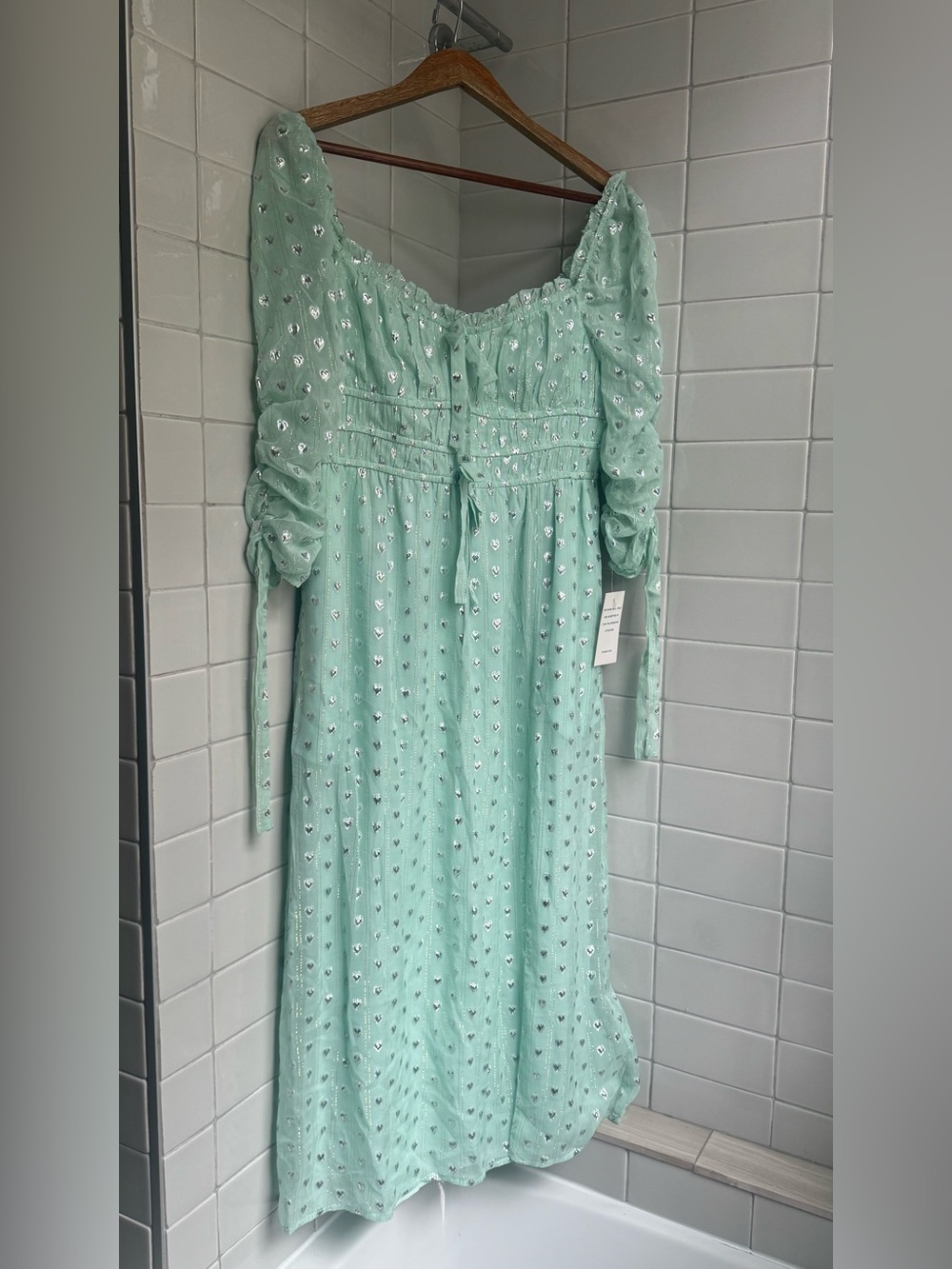 NWT For Love & Lemons Mint Green Metallic Heart Detail Dress Size L